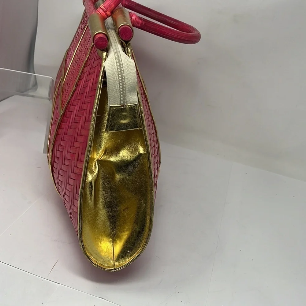 Pink Rattan Gold Lame Leather Zip Large Structured Handbag